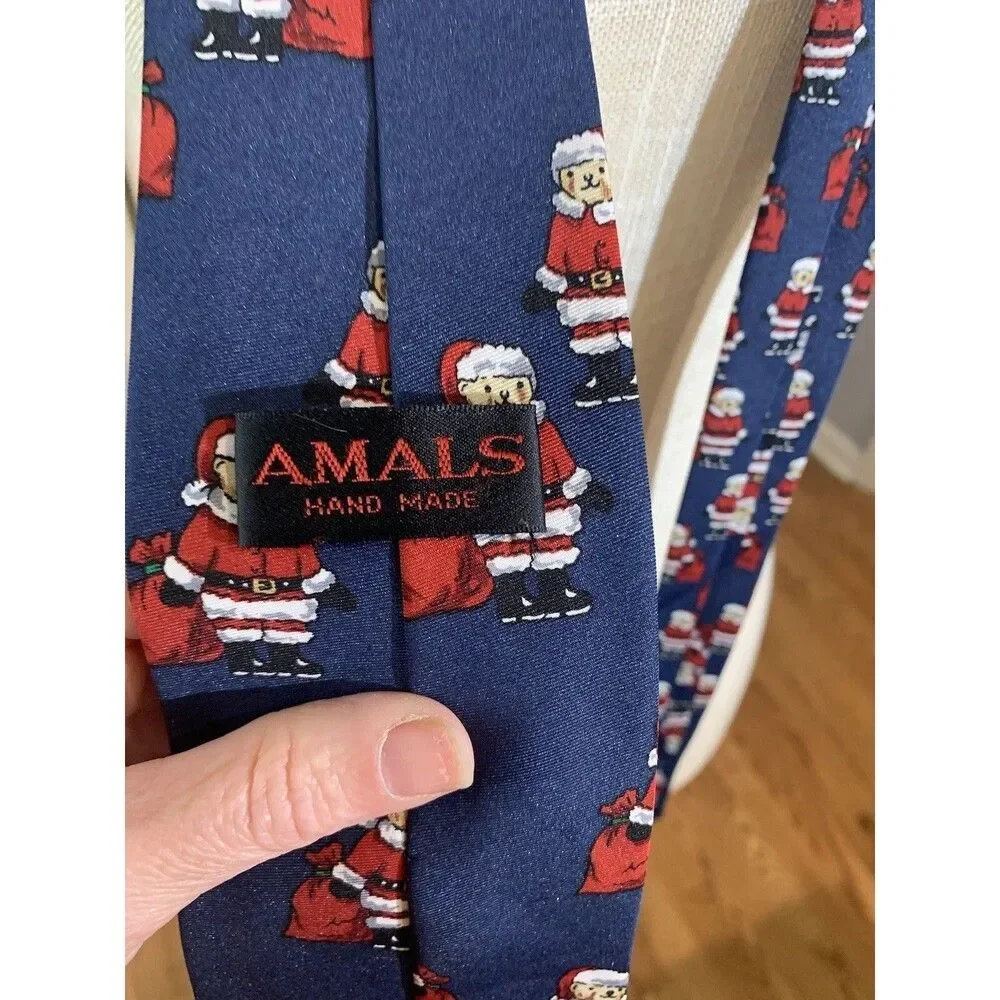 Renaissance Santa Teddy Bear Christmas Tie Blue Print Amals Hand Made Used